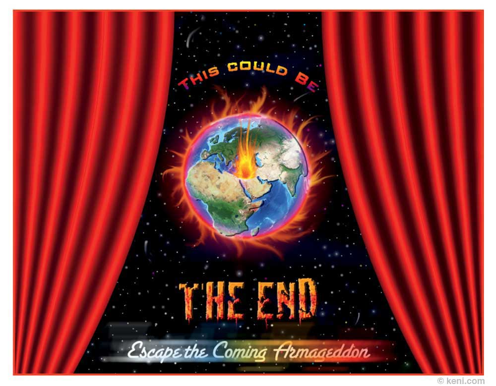 Graphic showing curtains closing on a world on fire with text, The End